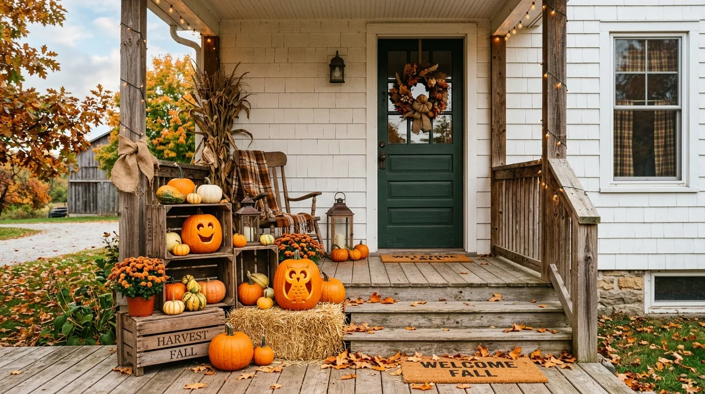 Mix smiling and spooky faces so the porch feels balanced inspiration for a Halloween porch display.